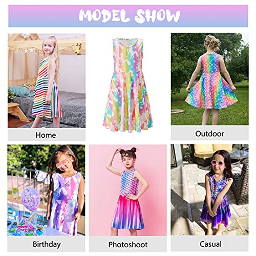 Vestido infantil sem mangas Funnycokid com estampa Twirl Party casual 4 – 13 anos, Rainbow Unicorn 3
