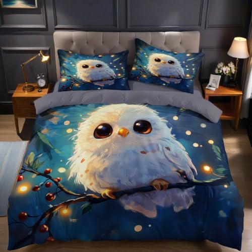 Housse de Couette 140x200 cm 1 Personne Blanc Parure de Lit Hibou Abstrait Imprimée en Microfibre avec Fermeture Éclair et 1 Taie d’Oreiller, pour Enfant Ado et Adulte