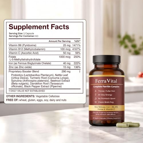 Image of Ferravital Ferritin Support, Ferritin Supplement for Women, Daily Iron Supplement with Iron Bisglycinate Lactoferrin Vitamin C B12, Gluten Free & Non-GMO, 60 Capsules (A)