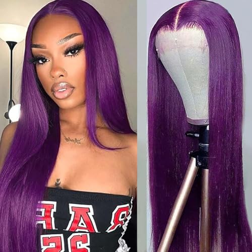 Lezaxiu Purple Lace Front Wigs Long Straight Glueless Dark Purple Wigs Pre Plucked Ready to Wear Wigs Heat Resistant Synthetic Lace Front Wig for Black Women Natural Hairline