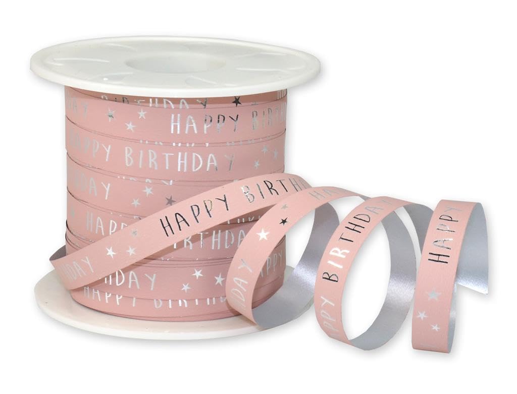Recycled Curling Ribbon with Happy Birthday Print - 3X Colours - 10mm x 100m Roll or Cut Length (100m Roll, Pink)