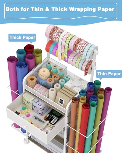 Image of Rsaayekkt Rolling Wrapping Paper Storage Cart with Fabric Drawer White | Vertical gift wrapping organizer storage, fits 12x12 scrapbook paper, heavy duty craft cart with wheels, space saving station