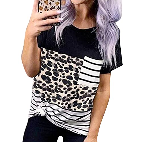 FRZY Camiseta de verano para mujer, poliéster suave, estampado personalizado, empalme, corte suelto, cuello redondo, bolsillo informal, camiseta de manga corta para mujer para la vida diaria L