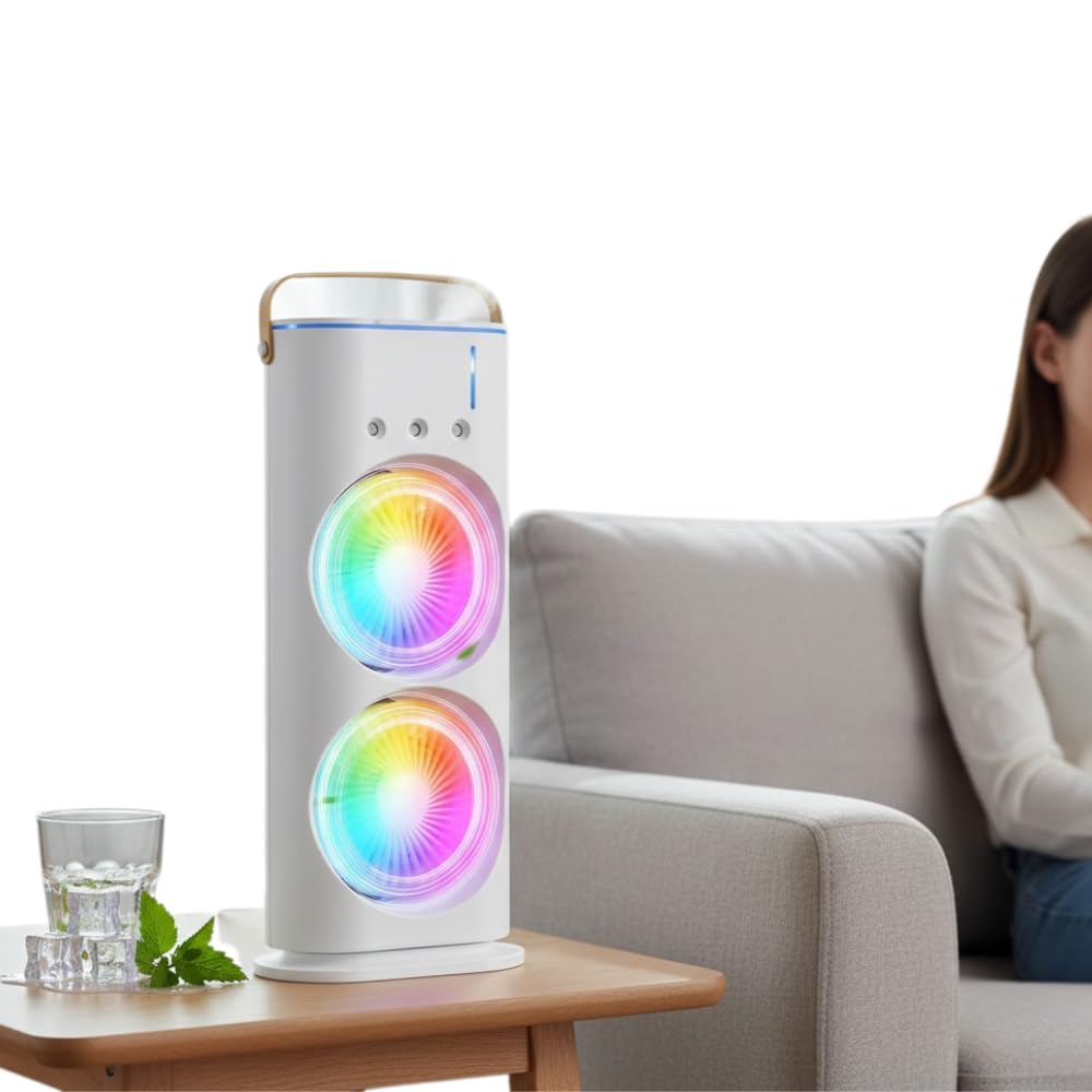 drumstone (𝐒𝐩𝐞𝐜𝐢𝐚𝐥 𝟏𝟓 𝐘𝐞𝐚𝐫𝐬 𝐖𝐚𝐫𝐫𝐚𝐧𝐭𝐲 double ended usb rechargeable mini spray cooler – 3-speed quiet fan with led light & remote, portable personal cooler