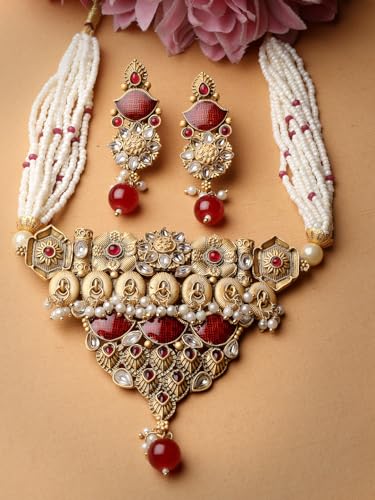 Image of Adiva Stylish Traditional Gold-Plated Kundan Stone Pearls & Beads Meenakari Handcrafted Necklace with Earrings Jewellery Set for Women & Girls