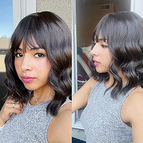image for VCKOVCKO Short Bob Wigs Natural Brown Wavy Wig With Air Bangs Women's 