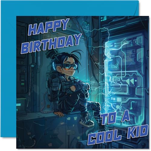 Kinder-Geburtstagskarte für Mädchen und Jungen, cooles Cyberpunk-Mädchen, dunkelblau, Happy Birthday Karte für Tochter, Sohn, Neffe, Nichte, Enkelkind, Kinder, Ihn und sie, 145 mm Kinder-Geburtstagskarte für Mädchen und Jungen, cooles Cyberpunk-Mädchen, dunkelblau, Happy Birthday Karte für Tochter, Sohn, Neffe, Nichte, Enkelkind, Kinder, Ihn und sie, 145 mm