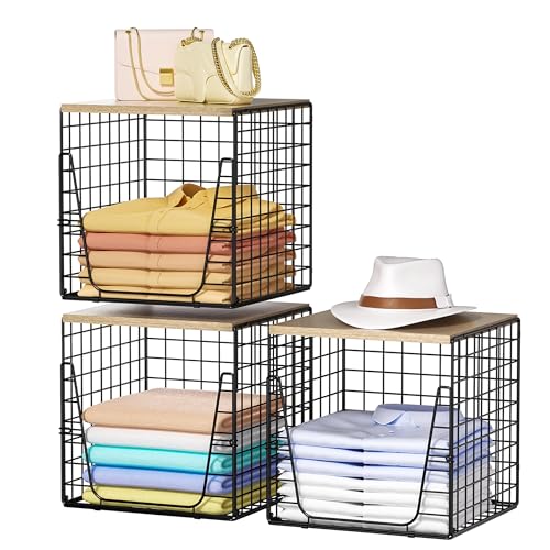 SWTYMIKI 3PCS Closet Organizers and Storage - Stackable Closet Basket with Wood Top Shelf, Clothes Storage Shelves, Clothes Drawer Bins for Wardrobe, Bedroom, Entryway, Black
