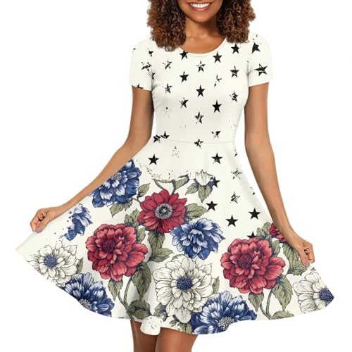 Image of HUGS IDEA Womens Puffy Swing Midi Dress Round Neck Short Sleeve Party A-Line Dresses