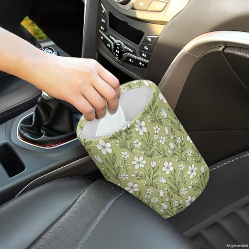 Image of Green Flower Hanging Portable Car Trash Can Waste Basket Car Accessories Interior Collapsible for Men and Women Easy to Install