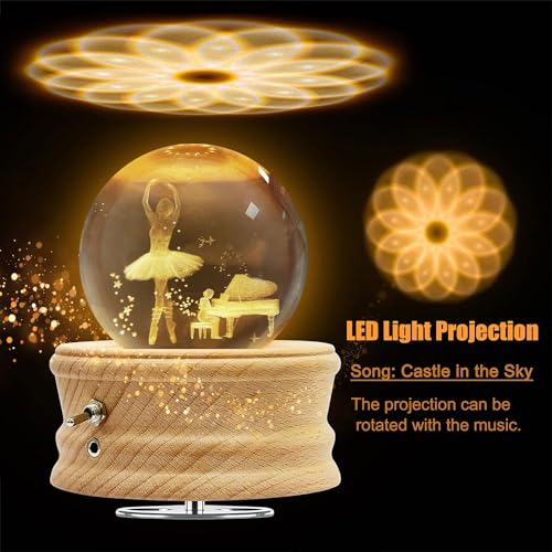 Figermoon 3D Crystal Ball Music Box,Rotating Musical Box with Night Light Projector and Wooden Base for Children,Friends,Family (Ballerina) - Thumbnail 3