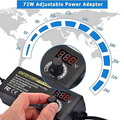 Power Supply Adjustable DC 3V ~ 24V Variable Universal Switching 100V-240V AC/DC Adapter with Volt Display & Adjustable Voltage & 14pcs Tips 3A 72W