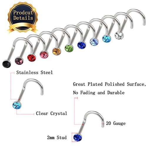 cnomg 20 pieces 316L Stainless Steel Rhinestone Nose Stud Rings Body Piercing- 10 Mixed Color 2.2 MM - Thumbnail 2