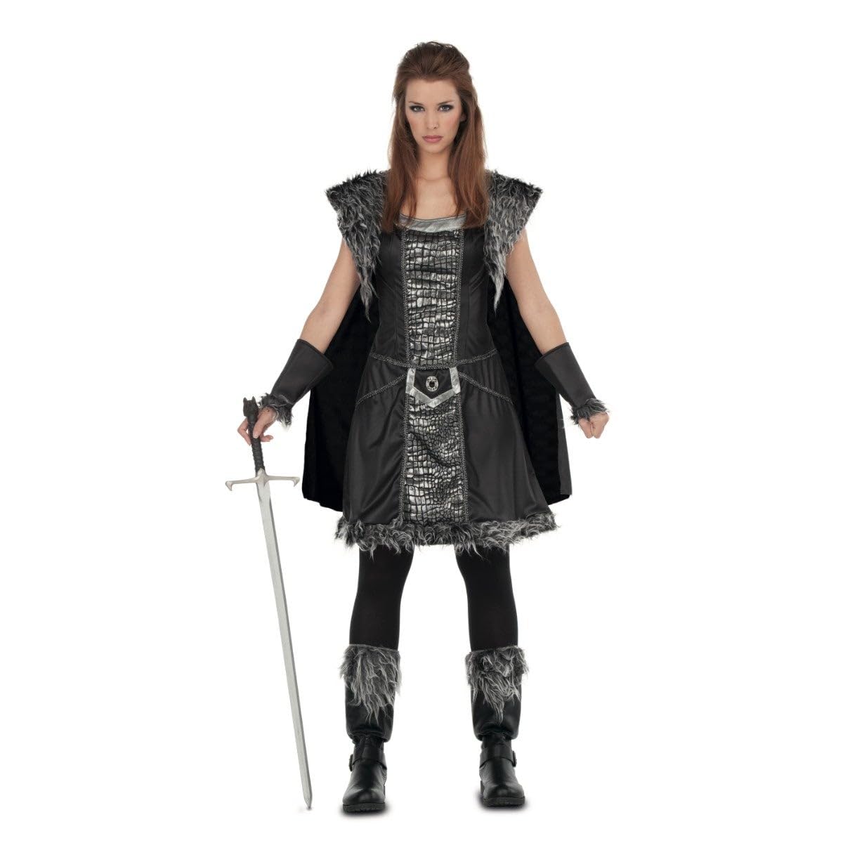 My Other Me - Disfraz Guerrera Mujer. Incluye vestido con capa, brazaletes y cubrebotas con detalles de pelo sintético en tonos negros y grises, y diseños plateados.