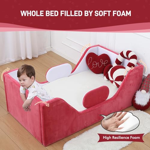 Image of weeonekids Toddler Bed, Child Bed for Kids with Extra Safty Broad, Standard Crib Size Toddler Bed, Certified Fabric Toddler Beds,Toddler Flood Bed (Mixed White /Red)