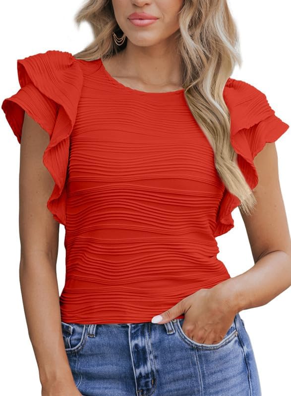 sice L. SHEWIN Womens Tops Casual Crewneck Ruffle Short Sleeve T Shirts Slim Fit Dressy Blouses Large B Red
