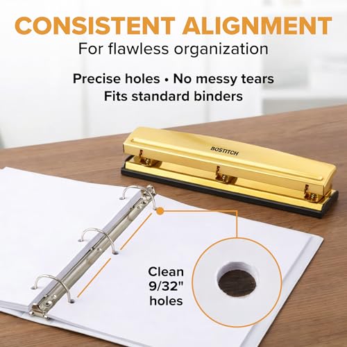 Image of Bostitch 3 Hole Paper Punch, 15 Sheet Capacity, Metal Office Hole Puncher with Chip Tray, Non-Slip Base, 9 /32 inch Holes, Perfect for Binders, School, Home & Office, Gold