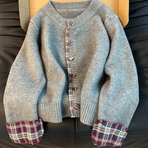 Women's Plaid Cardigan Sweater Patchwork Long Sleeve Button Down Knitted Tops Crewneck Cropped Sweaters for Teens2