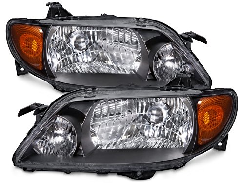 HEADLIGHTSDEPOT Black Housing Halogen Headlights Compatible With Mazda Protege 2001-2003 4-Door Sedan Metal Bezel Left Driver and Right Passenger Side Headlamps