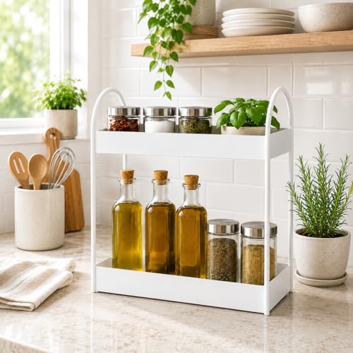 Image of Homeor 2-Tier Metal Countertop Organizer | Heavy Duty Standing Rack for Kitchen Spice Storage & Bathroom Vanity | Multi-Purpose Shelf For Kitchen, Cosmetic & Toiletry Display Shelf, White