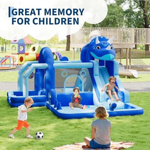 Bounce House for Kids, Inflatable Bouncy Castle with Water Slide, Dinosaur Themed Jumping Castle, Large Backyard Inflatable for Indoor/Outdoor Fun-Quick Setup, Complete Accessory Kit, 250 Lbs Capacity