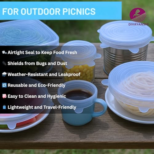 Divayanshi Silicone Stretch Lids for Food Storage | Reusable & Airtight Curved Dish   Covers | for outdoor picnic | BPA-Free, Leak-Proof, Microwave & Freezer Safe – Pack of 6 Flexible Silicone Lids - Image 2 thumbnail