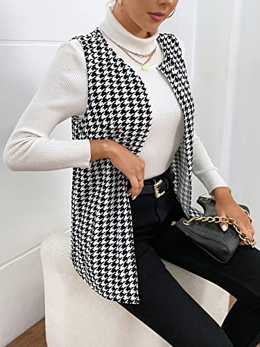 WDIRARA Women's Sleeveless Houndstooth Open Front Elegant Vest Jacket Long Coat4