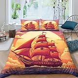 kaiyun Rotes Segelboot Bettbezug, 3D-Druck Sailing on The Sea Clipart Style Bettwäsche-Set, Mikrofaser 3-teilig,mit Kissenbezüg Für Erwachsene Kinder King（220x240cm）