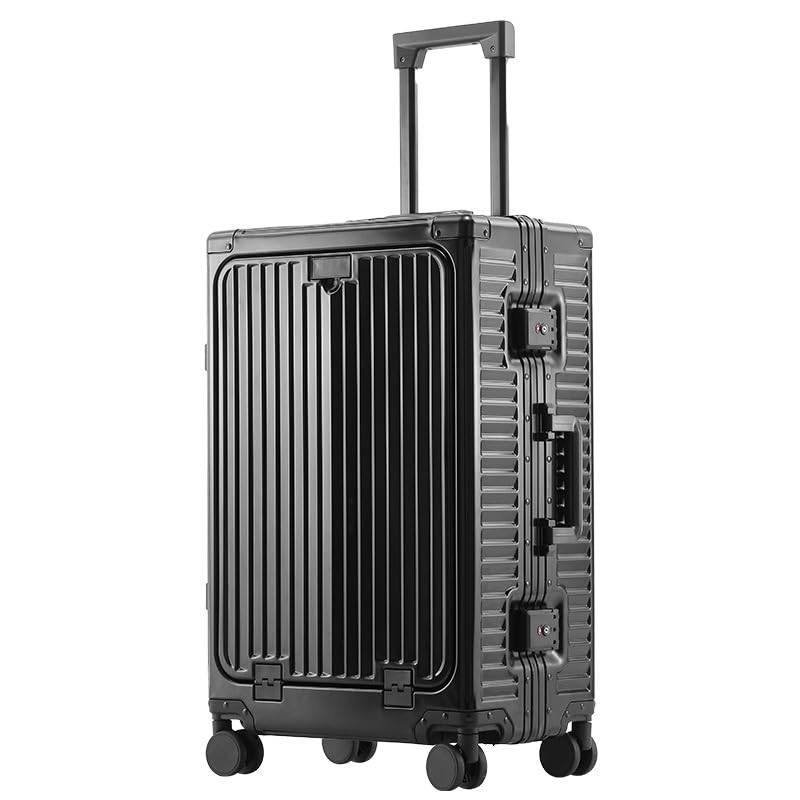 YYW Aluminium Luggage With Spinner Wheels Lightweight PC hardside Rolling Suitcase, Built-In TSA lock Carry on Suitcase, with Cup Holder, USB Port, Phone Holder (Silver,24inch/39x25x65cm)