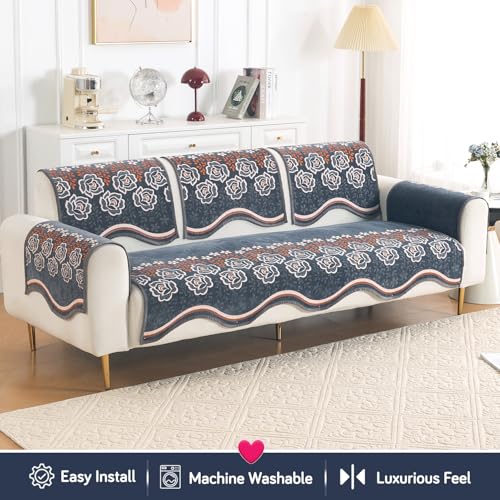 Image of HOKIPO Complete (Seat+Back+Arm) Sofa Mat Set for 3 Seater Sofa |Premium Chenille Sofa Covers with Curve Edges, 'Serene Curves Series' - Blossom Flower (IN-997+1002+1001 * 2 - D3)