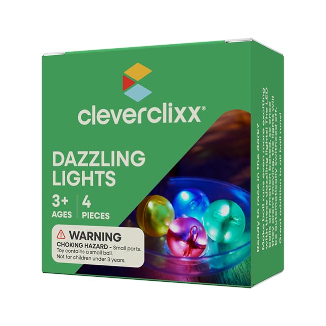 Cleverclixx Light Effect Ball Set of 4, Light Ball for Marble Track Magnetic Toy, Light with Motion Sensor, Durable Materials, Robust Construction, Red, Green, Blue, Yellow, for Children from 3 Years