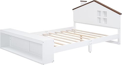 Miniatura 141 de Cama de plataforma de madera de tamaño individual con cabecera en forma de casa, soporte de listones de madera, para dormitorio de niños, niñas,