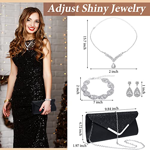 4 Pcs Women Rhinestone Jewelry Set Floral Wave Teardrop Crystal Wedding Necklace Earrings Floral Cluster Wave Bracelet Glitter Envelope Evening Bag Handbag Party Bridal Purse4