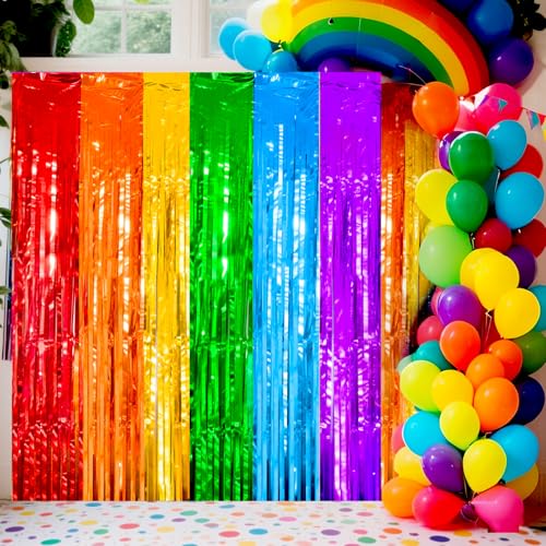 Image of 4 Packs Rainbow Foil Fringe Curtain, Assorted Color Metallic Tinsel Backdrop for Birthday, Baby Shower, Wedding, Rainbow Party Decorations Supplies