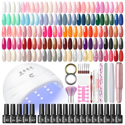 PEACECOLOR Kit Uñas Semipermanentes, 40PCS Pintauñas Semipermanentes Base Top Coat Brillante y Mate, Uñas Semipermanentes Kit Completo con Lampara Uñas y Lima Electrica Uñas, Regalos Principiantes