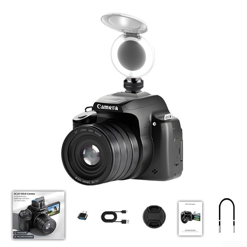 Cámara digital, 68MP con pantalla abatible, zoom 28X, visor de video 4K, cámara réflex digital de alta definición, accesorios de fotografía para vlogging (parasol de lente de cámara)