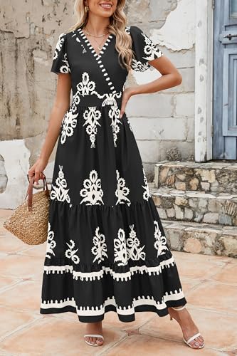 Image of PRETTYGARDEN Womens 2026 Summer Casual V Neck Boho Maxi Dress Flowy Aline Bell Sleeve Tiered Floral Dresses with Pocket