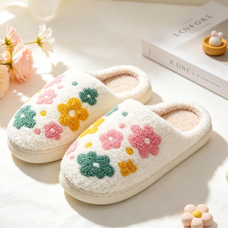 Image of Cute House Slippers for Women Men with Memory Foam Retro Happy Face Cozy Shoes