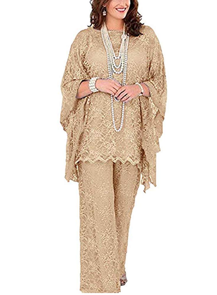 Leader of the Beauty Three Pieces Brides Mother Formal Dress Grown Lace Chiffon Pant Suits Mother of Groom with Jacket for Wedding 20 Champagne