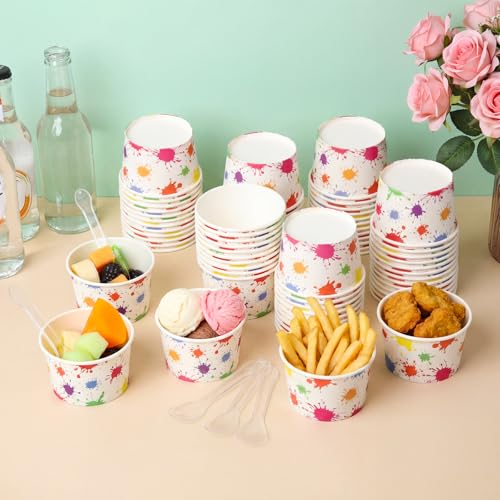 Image of Boao 100 Set 5 oz Ice Cream Cups with Spoons Disposable Paper Sundae Dessert Bowls Summer Party Supplies (Splatter)