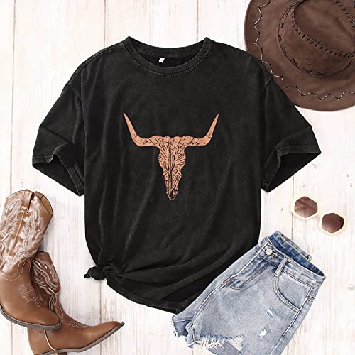 Rodeo Cow Skull Shirts for Women Vintage Western Bull Skull Graphic T-Shirt Retro Cowgirl Oversized Casual Tee Tops3