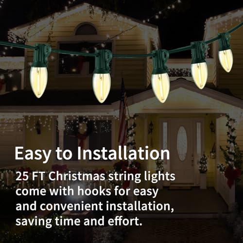 Image of 10FT C7 Christmas Lights, Warm White LED Indoor Outdoor String Lights for Halloween, Xmas Tree, Window, Door, Party Decor, Plug in with Green Wire