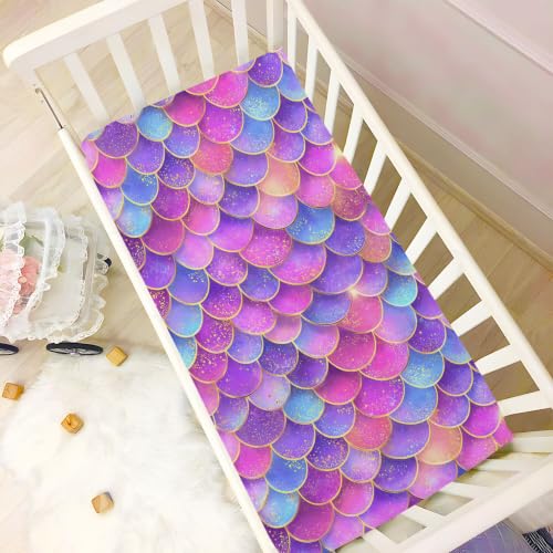 Image of Magical Galaxy Mermaid Scale Crib Sheets Soft Breathable Fitted Baby Crib Sheets Mattress Cover for Girls Boys, 52 inch x 28 inch x 9 inch