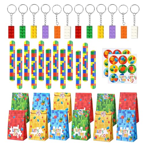 36 blocos de construção para aniversário decoração de festas, inclui 12 pulseiras para crianças, 12 chaveiros, 12 sacos de presente para blocos, presente de aniversário infantil