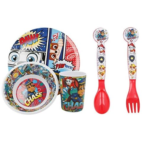 Official Paw Patrol Characters 5 Piece Coloured BPA Free Melamine Dining Set - Plate, Bowl, Tumbler, Spoon and Fork Dinnerware Set for Children Cover