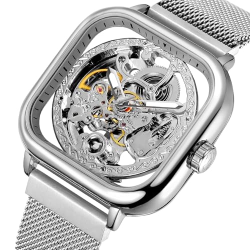 Image of Luxury Automatic Mechanical Watch, Square Skeleton Dial, Stainless Steel Mesh Band, Self-Winding Movement, Classic