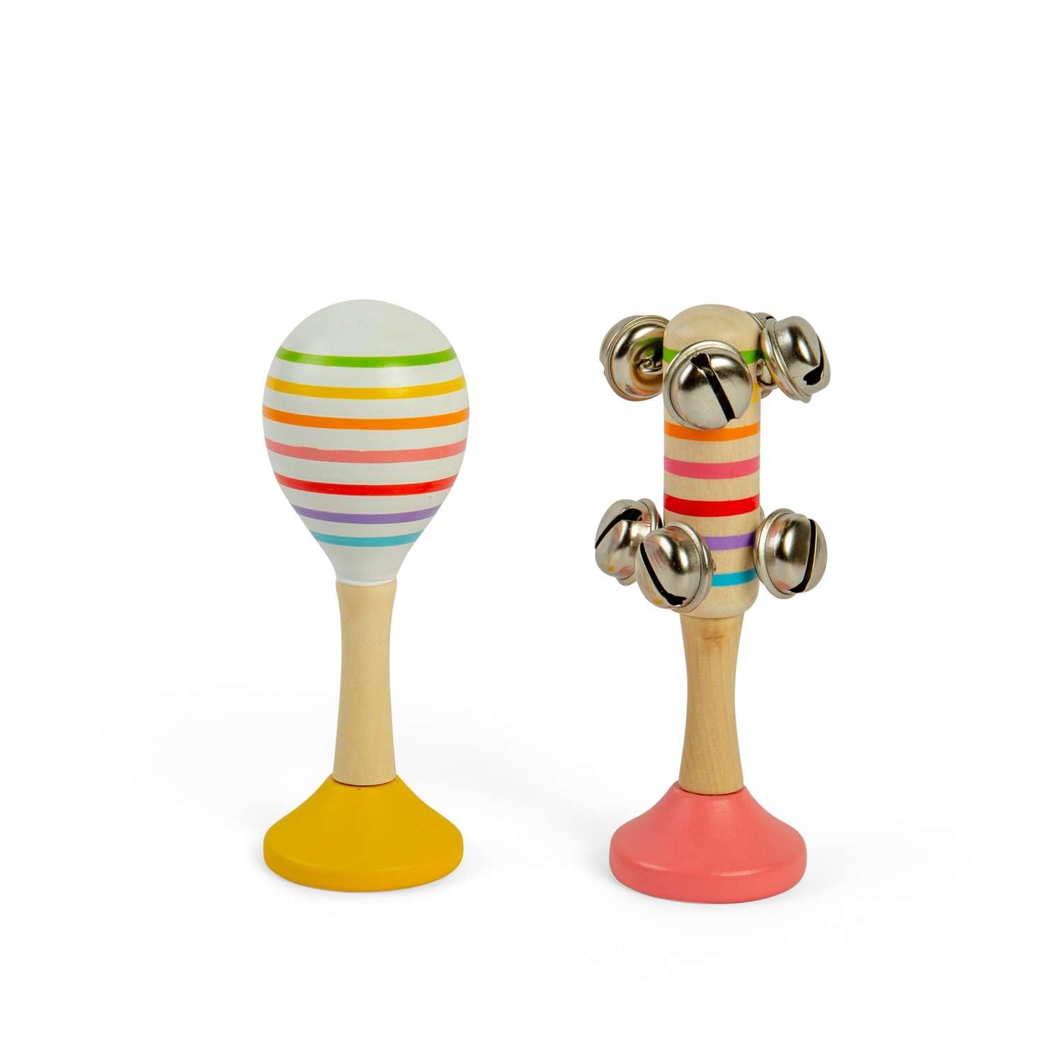 Bigjigs Toys Musical Shaker Set - 2pcs Wooden Rainbow Maraca & Bell Stick, Mini Percussion Instruments For Toddlers, Sensory Play Children’s Gifts, Age 18+ Month Olds