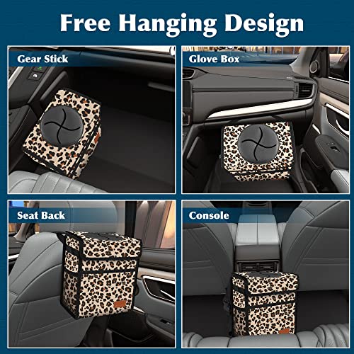 Image of Car Trash Can with Lid Leak Proof Garbage Waterproof Bag for SUV Front Seat Multipurpose Hanging Headrest Collapsible and Portable Storage Mesh Pocket, Leopard Print