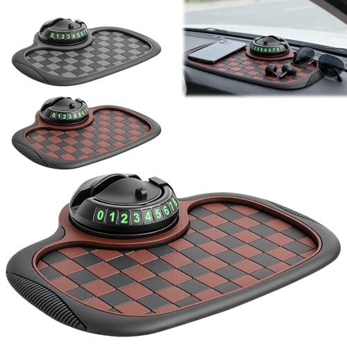 Multifunction Car Anti Slip Mat 360 Rotatable Phone Holder Dashboard Pad with Temporary Parking Number Organizer for Phone Sunglasses Keys (Black and Brown Plaid)