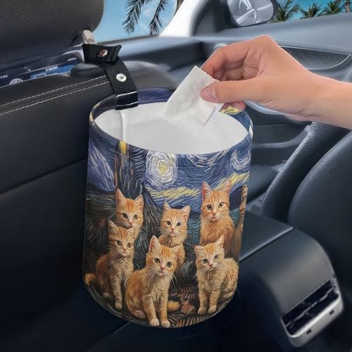Image of Cat Van Gogh Car Trash Bag Hanging, Car Rubbish Bag Cute, Portable, Collapsible Back Seat, Floor, or Hanging Headrest Waste Basket Car Garbage Accessory